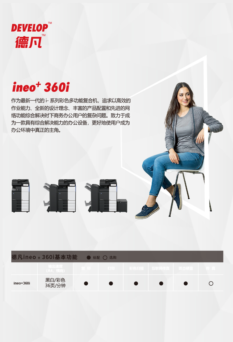 德凡ineo+360i圖片，德凡ineo+360i標配雙面自動黑白打印復印功能，標配8G內存，256G固態硬盤。選購傳真。