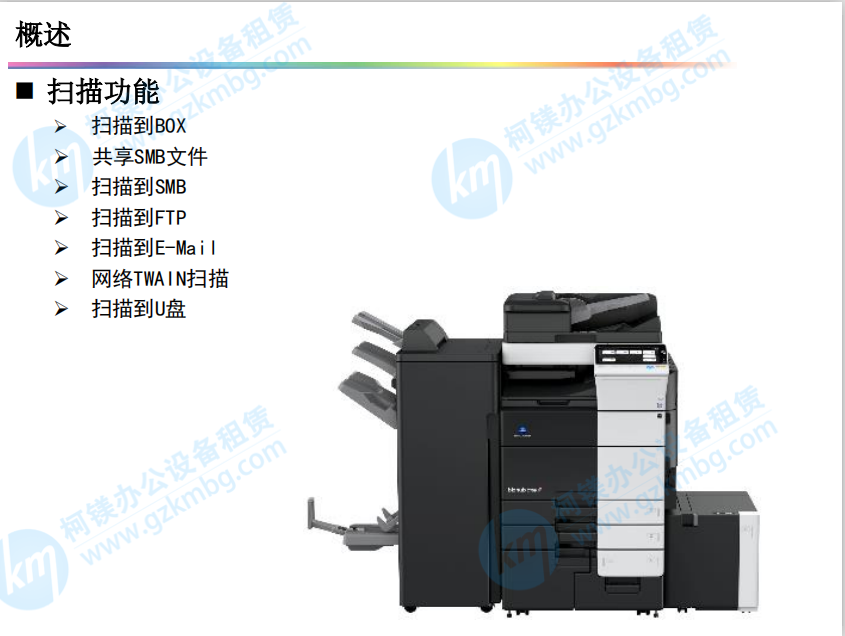 掃描到BOX、掃描到SMB（電腦）、掃描到FTP（電腦）、掃描到E-mail、網(wǎng)絡(luò)TWAIN掃描、掃描到U盤(pán)