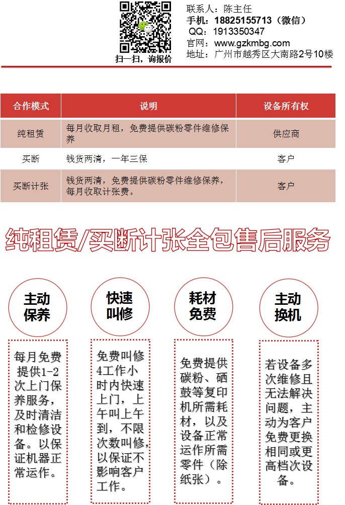 廣州全新打印機復印機不同合作方式，純租賃，買斷計張全包，買斷，廣州全新打印機復印機出租售后服務內容，每個月主動上門保養，快速叫修，廣州市區2個工作小時內上門，當天叫修當天上門，免費提供碳粉硒鼓墨盒等耗材以及復印機所需零件，免費上門更換維修，如果維修不好，免費更換復印機。廣州全新打印機租賃，找廣州柯鎂